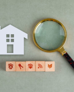 Conceptual of search real estate with wooden blocks, paper home icon and magnifying glass on sage color background flat lay. horizontal image