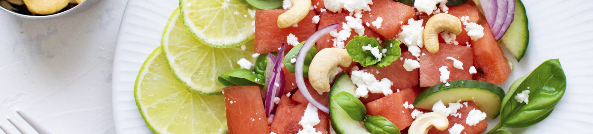 Watermelon salad with cashew nuts and feta