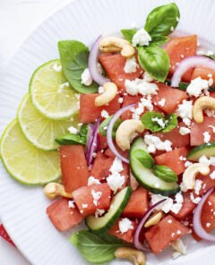 Watermelon salad with cashew nuts and feta